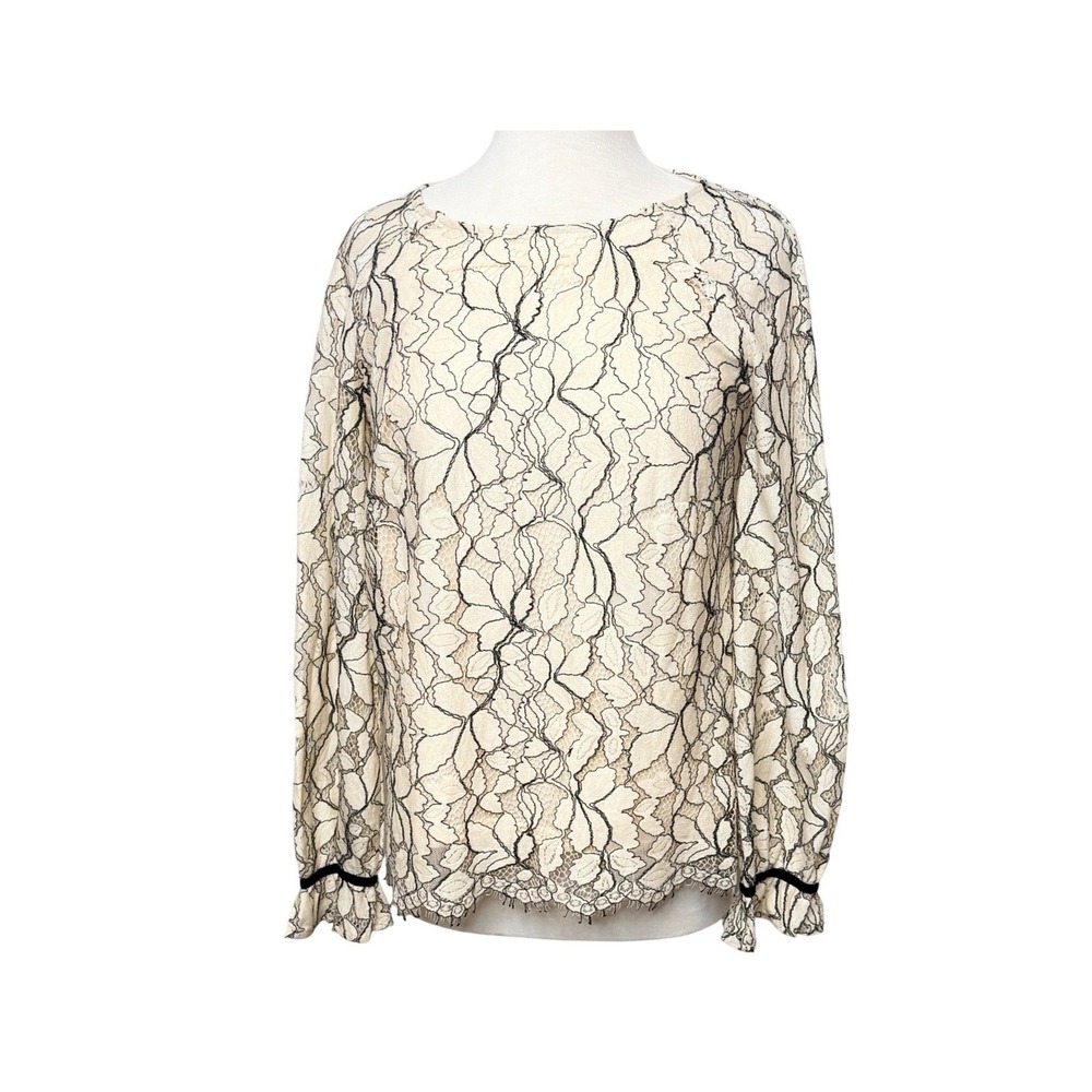 Rose + Olive Lace Overlay Blouse Sz M Cream Black Long Sleeve Ruffle Cuff